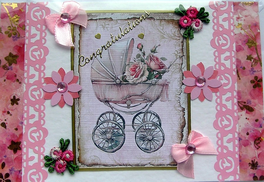 New Baby Girl - Hand Crafted 3D Decoupage Card - Congratulations (3216)