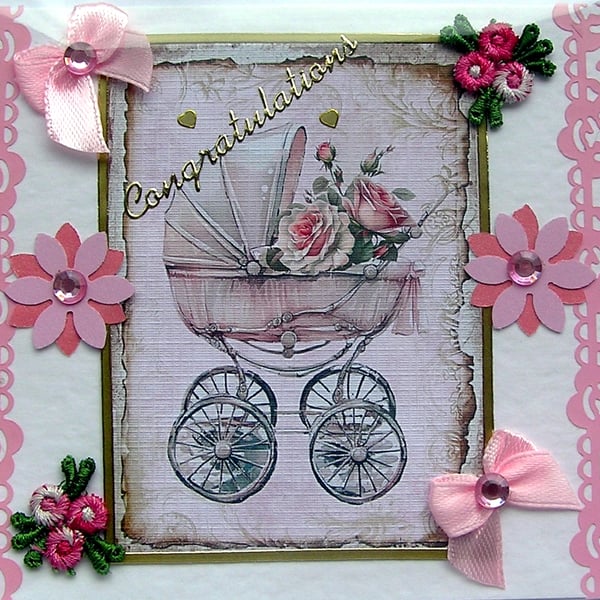 New Baby Girl - Hand Crafted 3D Decoupage Card - Congratulations (3216)