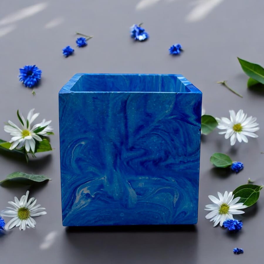 Blue Plant Pot Cube - Square Marbled Pot Cover (bc2)