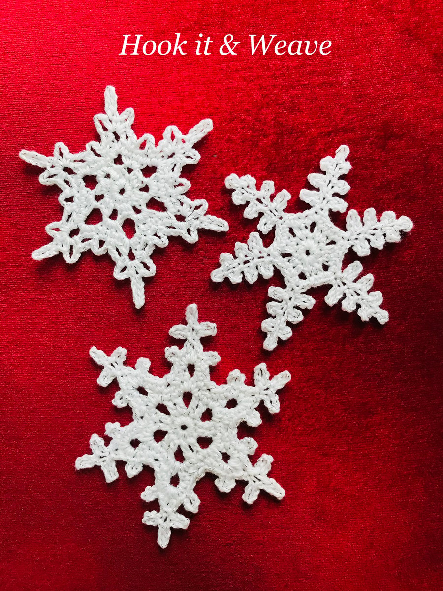 Snowflakes: Crochet white cotton with interwoven silver sparkle