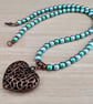 Shimmery blue and green bead necklace with copper heart pendant - 1001085 - Image 2