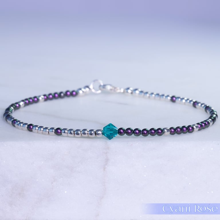 Bracelet dainty sterling silver & Swarovski glass pearl asymmetric pattern 