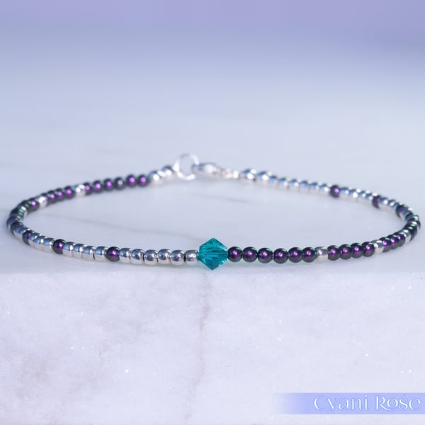 Bracelet dainty sterling silver & Swarovski glass pearl asymmetric pattern 