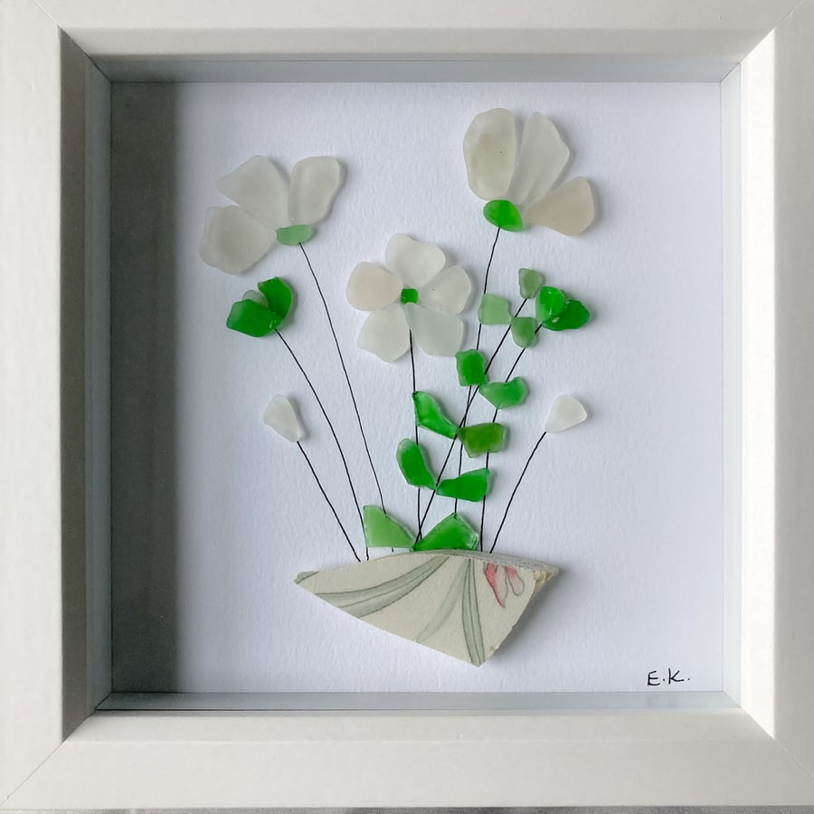 Sea glass floral art work handmade in Cornwall 