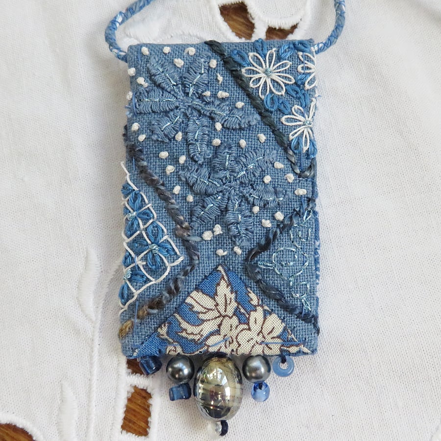 Textile Embroidered Pendant from hand dyed vintage linen and beads