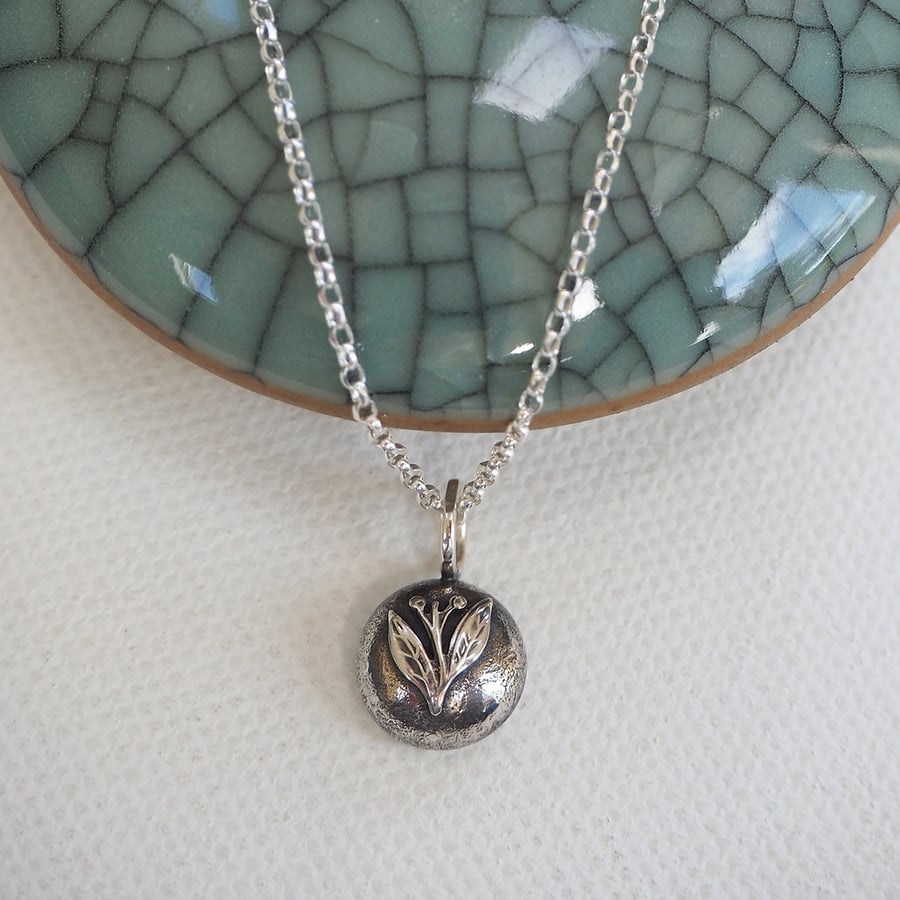 Silver Pebble and Leaf Pendant Necklace, Recycled Silver