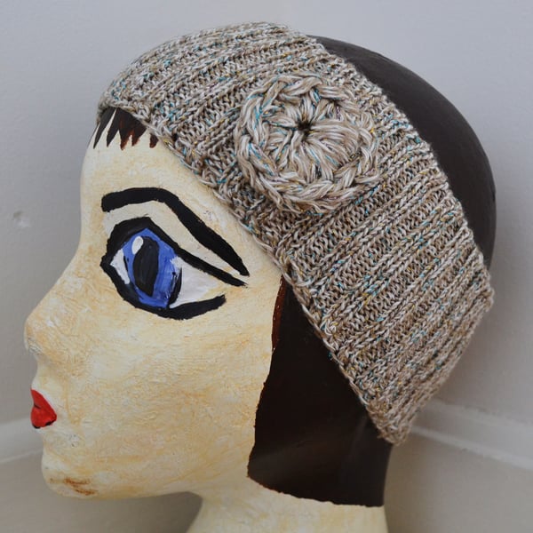 Knitted Cream and Glitter Headband Warmer with Crochet Flower