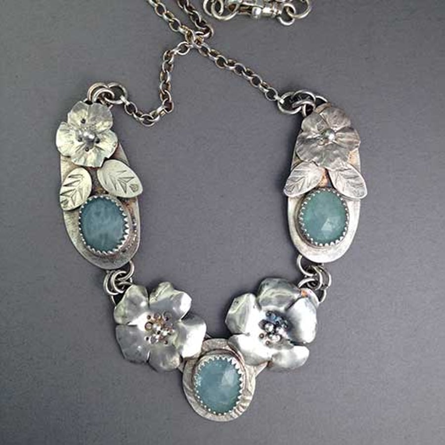 Aquamarine and Silver Flower necklace - Designer necklace - Handmade necklace
