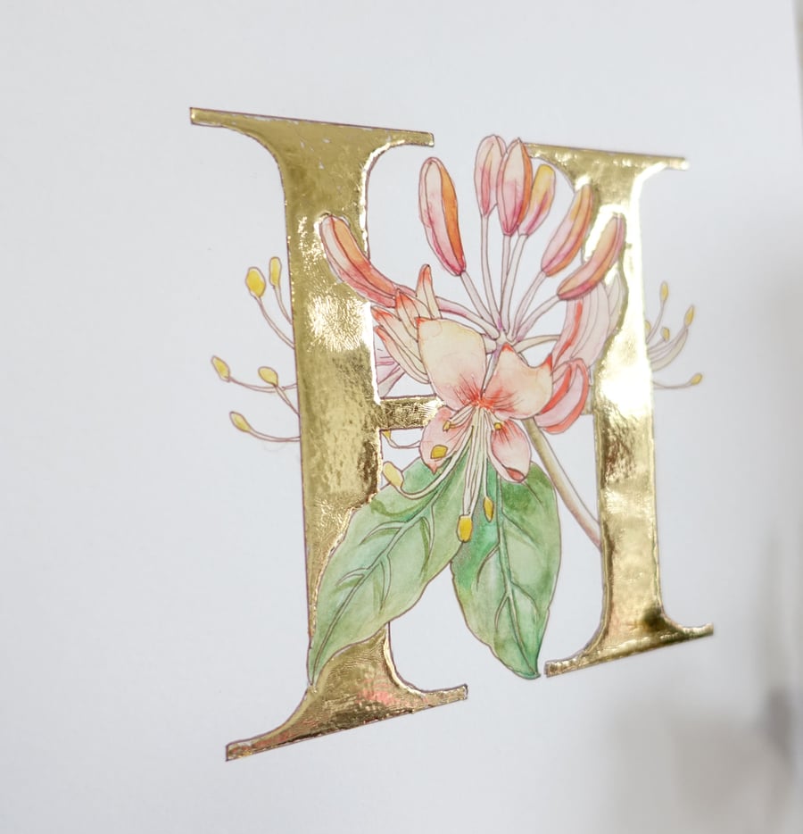 Gold Leaf Letter H entwined with an original water colour of Honeysuckle bloom