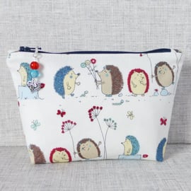 Make up bag, zipped pouch, cosmetic bag, hedgehogs