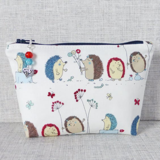 Make up bag, zipped pouch, cosmetic bag, hedgehogs