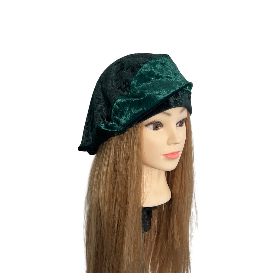 Large Green Velvet Beret Hat Lightweight Crushed Velour Slouchy Unlined Beret
