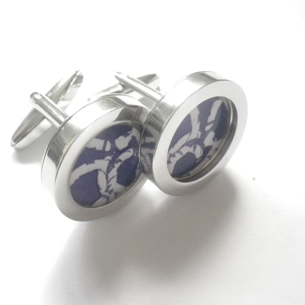 White on blue rope design abstract art cufflinks, great combo, free UK shipping.