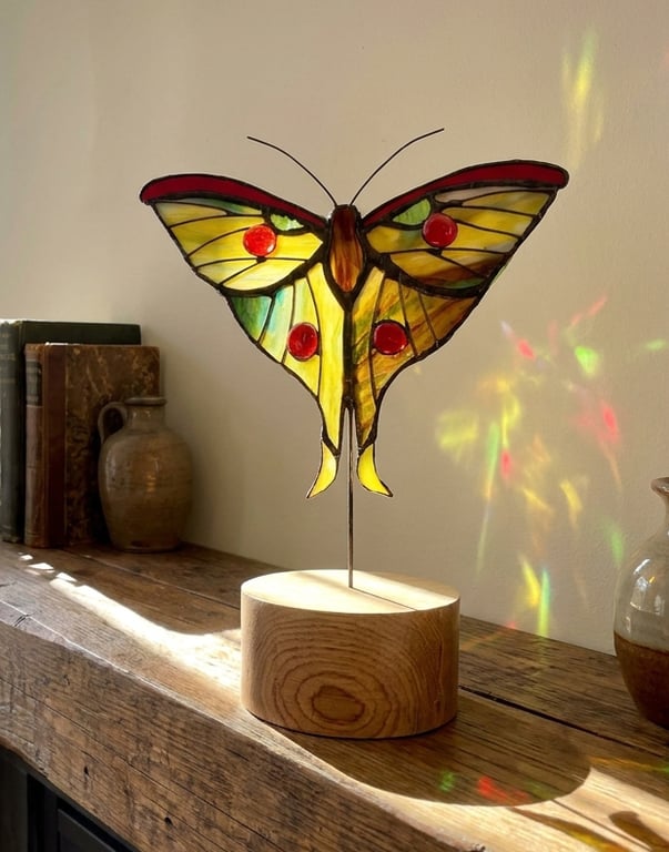 Moon Moth Glass Art Ornament on solid Oak wood base.  Wedding or Heirloom Gift