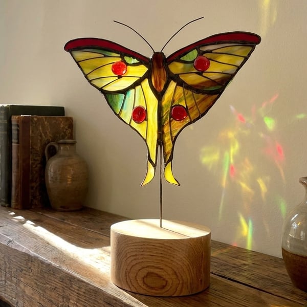 Moon Moth Glass Art Ornament on solid Oak wood base.  Wedding or Heirloom Gift