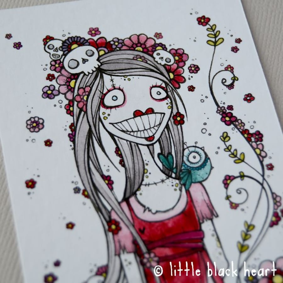 zombie lady with flowers and skulls - original aceo