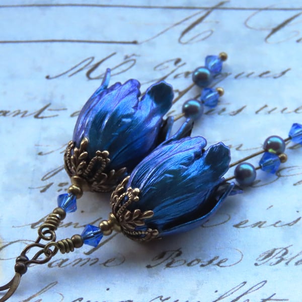 Blue and Purple Iridescent Colour Shifting Patina Hand Painted Tulip Earrings