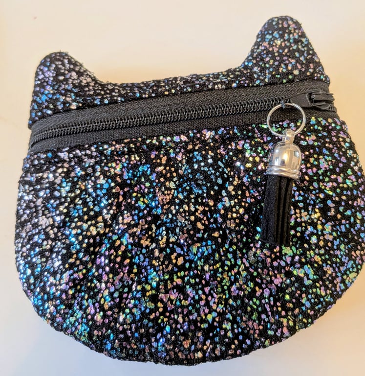 Black Glitter Handmade Quilted Kittie Coin Purse