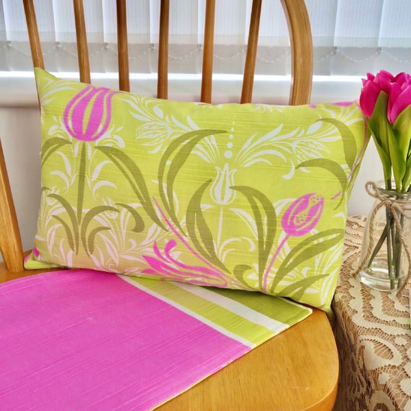 Green Floral Stripe Reverse oblong Decorative Feature Cushion, Throw Pillow