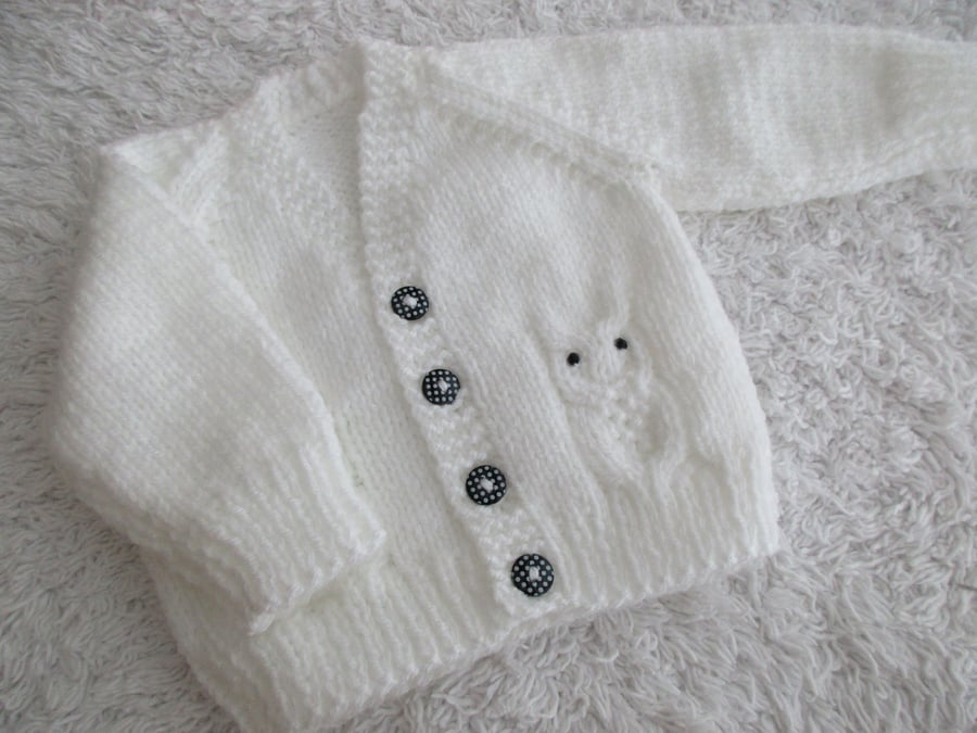 14" Newborn White Baby Boys Owl Cardigan