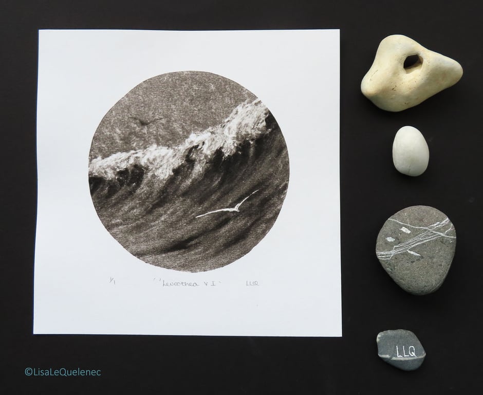 Sea, surf and gliding gulls black and white monoprint coastal beach scene