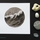 Sea, surf and gliding gulls black and white monoprint coastal beach scene