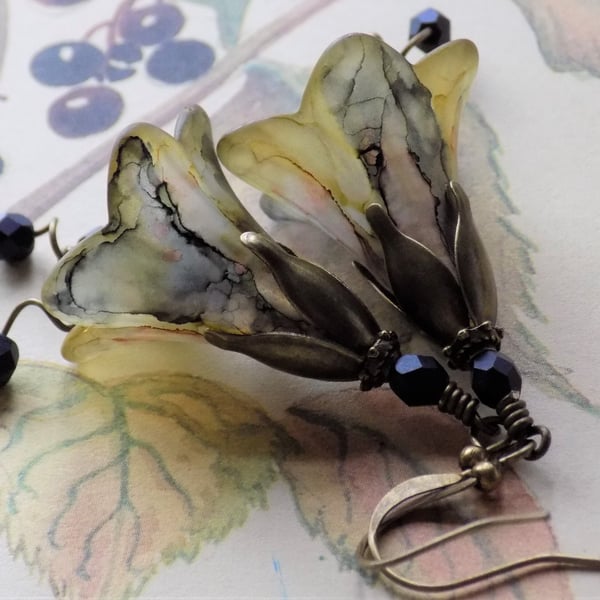 Pale Green and Black "Elderberry", Autumn Fall Hand Painted Lucite Flower Earrin