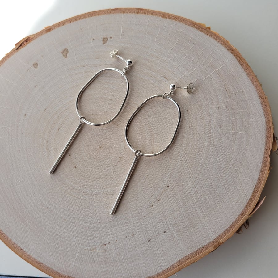 Large Open Oval Dangle Earrings, Handmade Recycled Sterling Silver