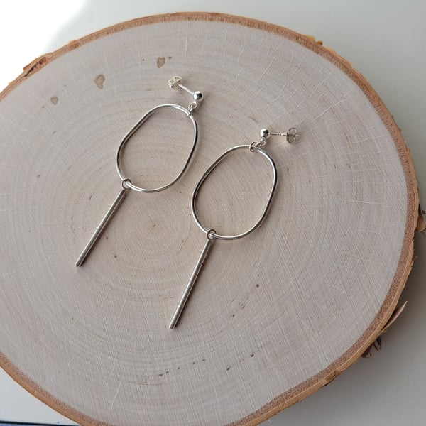 Large Open Oval Dangle Earrings, Handmade Recycled Sterling Silver