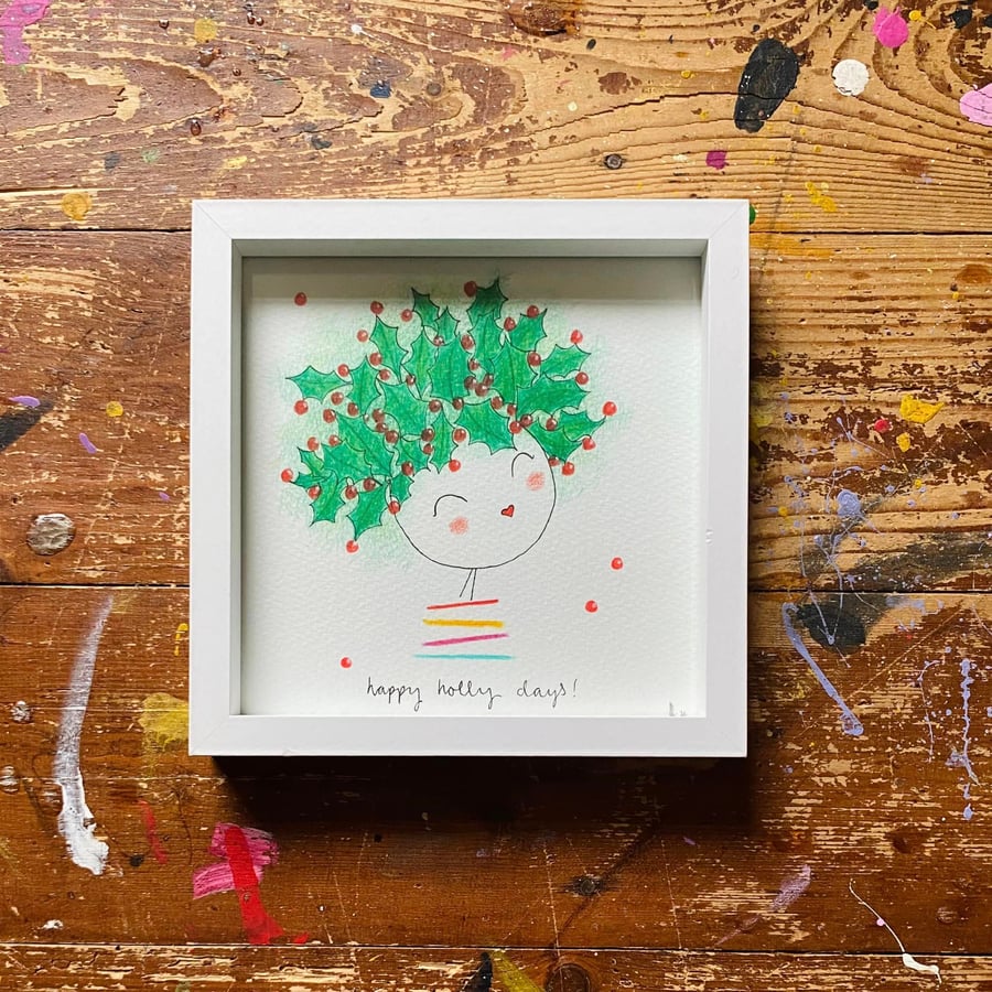 Happy Holly Days - Framed original illustration