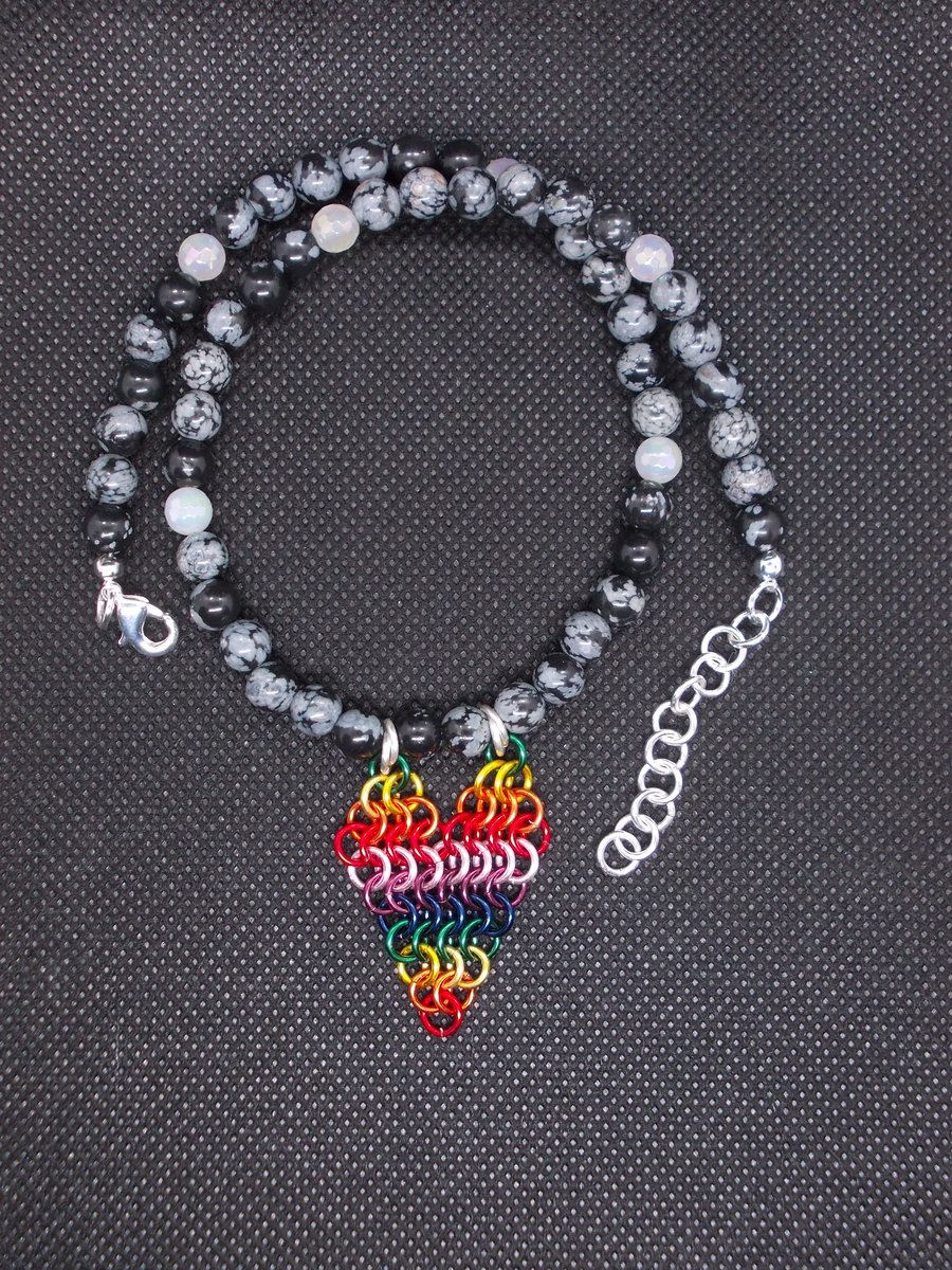 SALE - Snowflake obsidian choker with rainbow chainmaille pendant