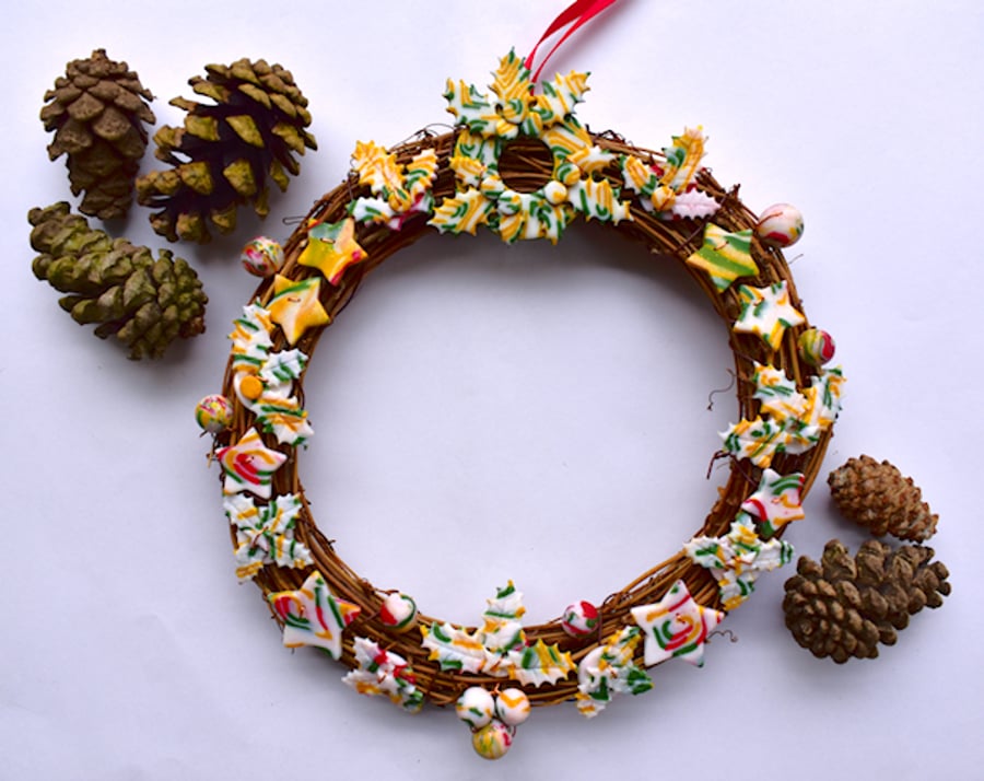 Christmas Wreath Festive Polymer Clay Holly, Stars & Baubles on Rattan - 20cm