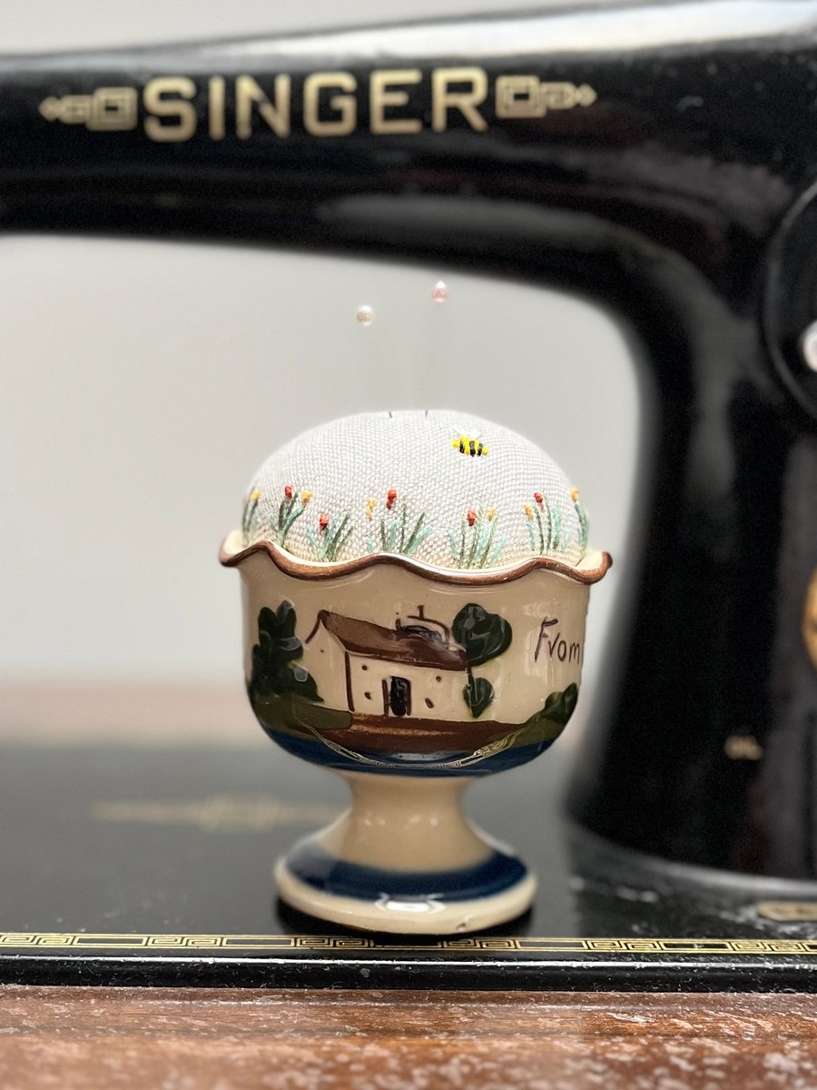 Mottoware pin cushion ‘take a little cream’ embroidered flowers and bee