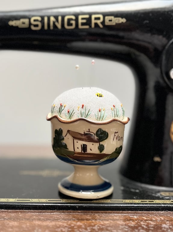 Mottoware pin cushion ‘take a little cream’ embroidered flowers and bee