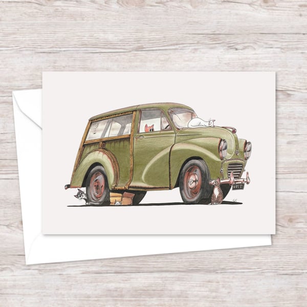Moggies Greetings Card: Classic Morris Traveller and Cute Cats (324)