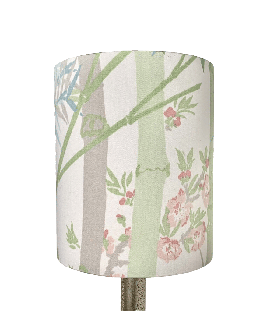 Spring Green Bamboo Oriental Asian Pink Flower Lampshade 70s 80s vintage fabric