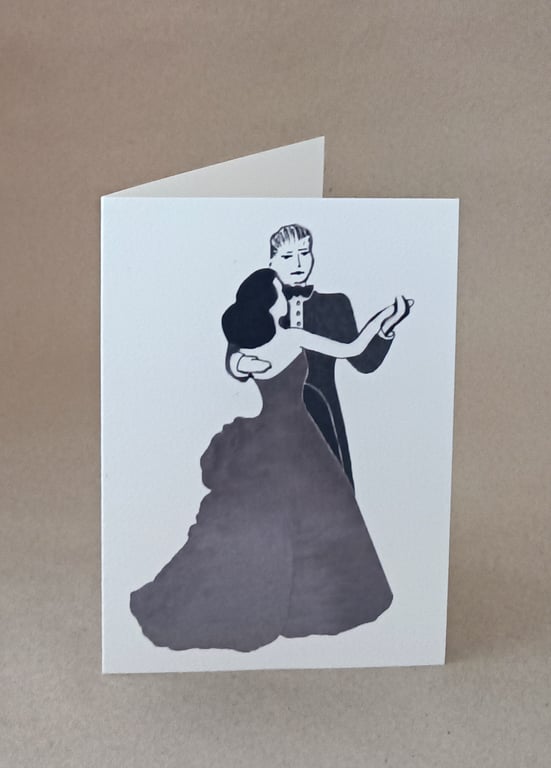 Let's Dance blank inside handmade black & white card of a dancing couple