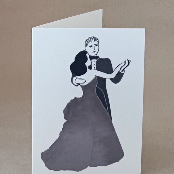 Let's Dance blank inside handmade black & white card of a dancing couple