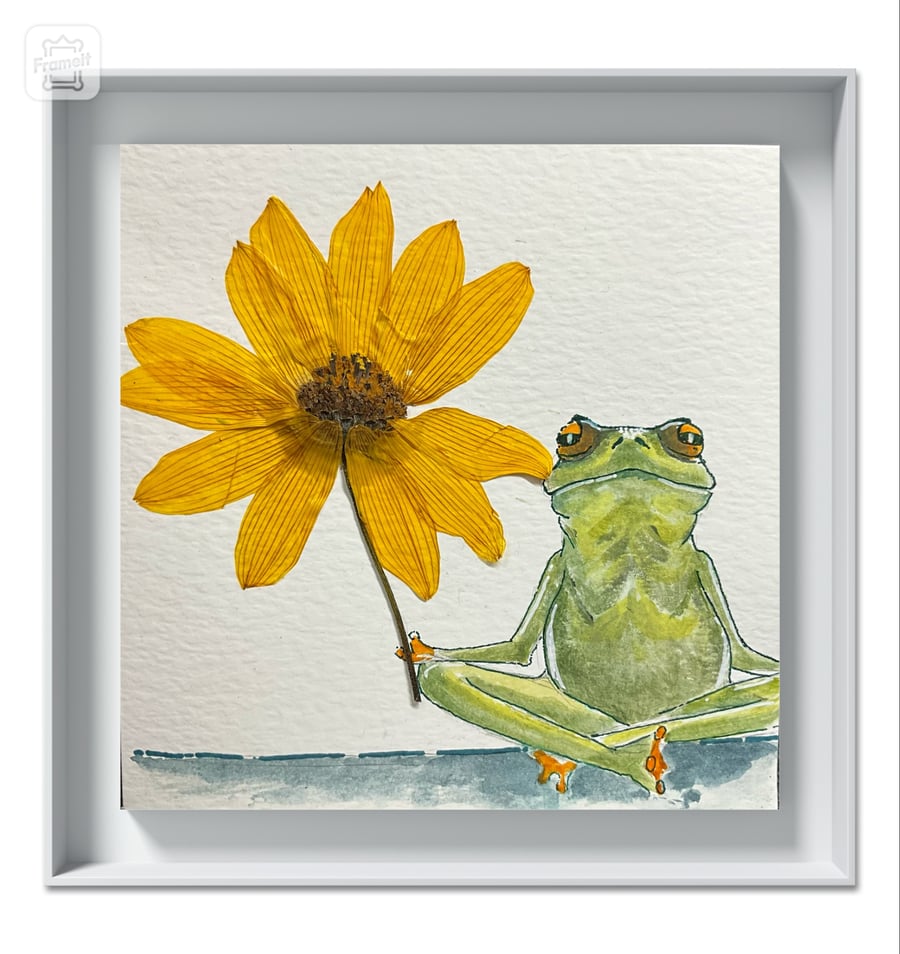 Original watercolour with pressed flower