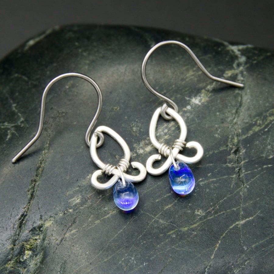 Hammered Sterling Silver Earrings with Pale Blue AB Glass Drops