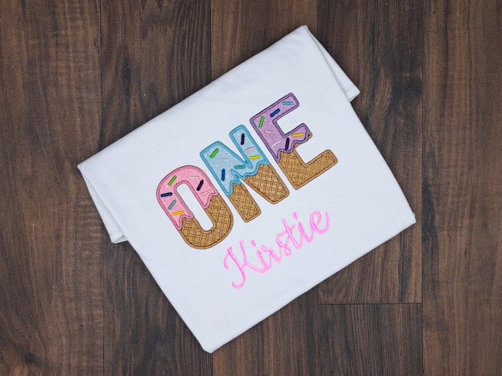 Embroidered One Birthday T-shirt, Personalized Glitter Ice Cream Letters Top