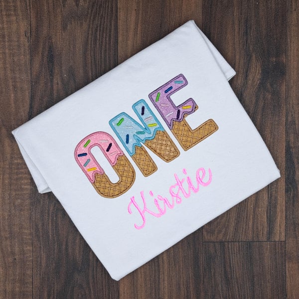 Embroidered One Birthday T-shirt, Personalized Glitter Ice Cream Letters Top