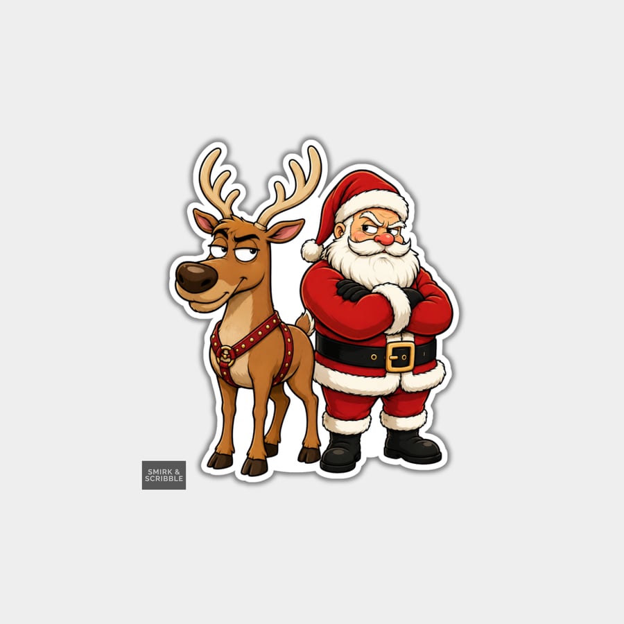 Unique Funny Christmas Sticker Xmas Decal For Adults - Grumpy Santa & Reindeer
