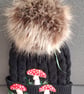 Bobble Hat cabled wool faux fur pompom beanie black  - Image 3