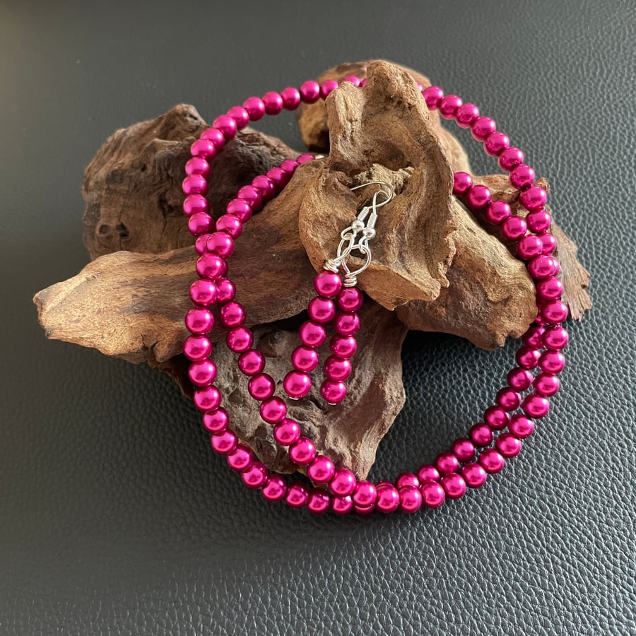 Fuchsia Pink Faux Pearl Necklace and Earrings Set