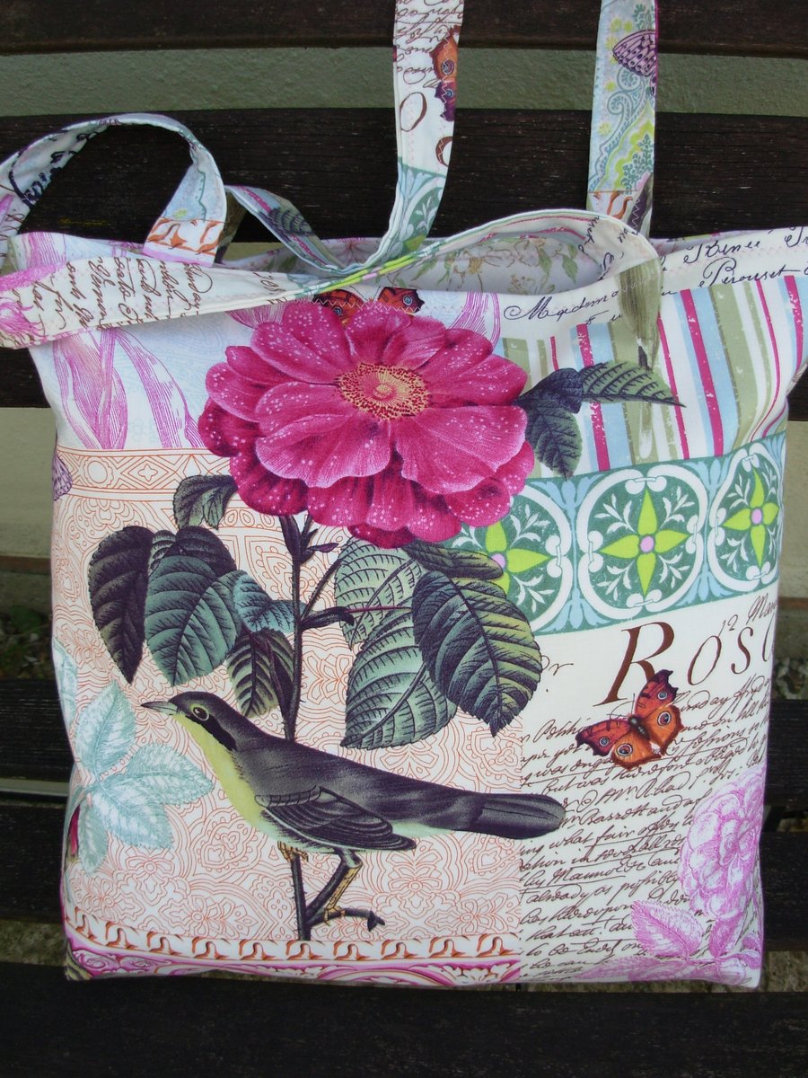Tote Shopping Bag - Floral with Birds - Pink Green Cream