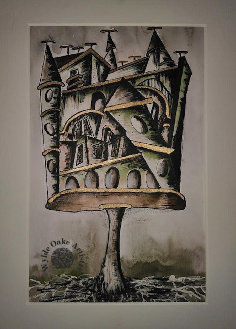 Mushroom Villa - A4 original hand drawn and painted pen and watercolour work