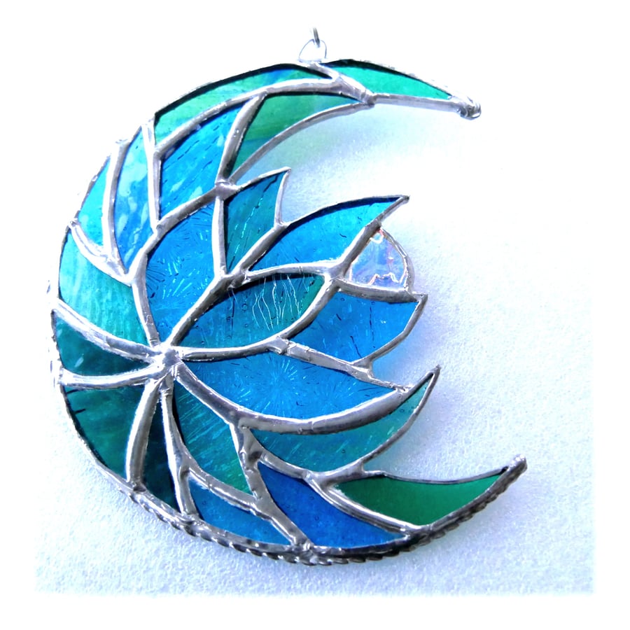 Lotus Moon Stained Glass Turquoise Flower Suncatcher 