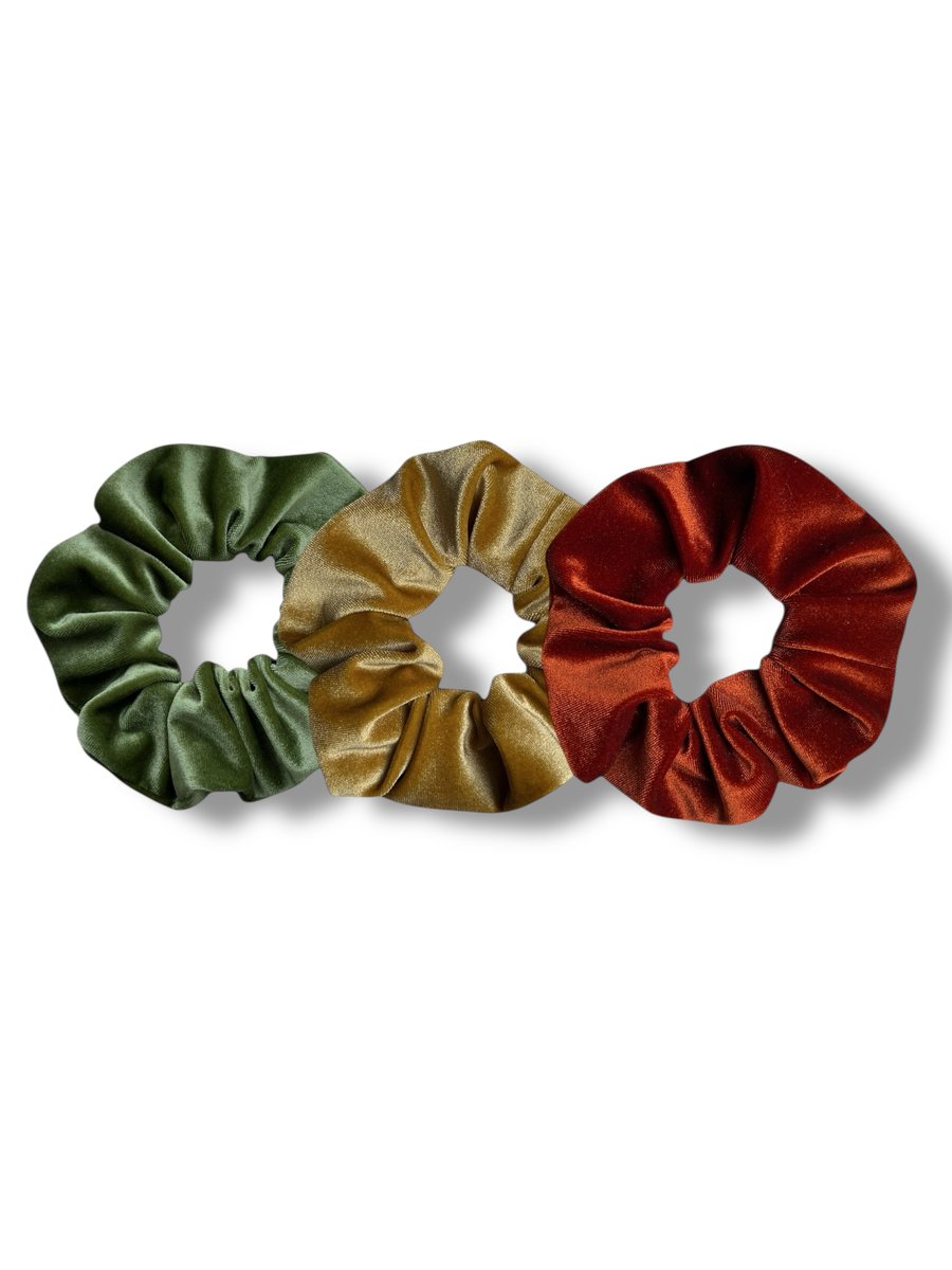 Set of 3 - Apple Green, Mustard & Burnt Orange Velvet Scrunchies - Large