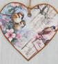 Decoupaged Wooden Hanging Heart 15cm (6"): Birds and Flowers design - Image 4